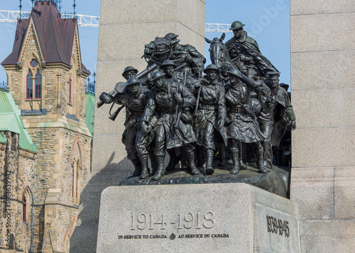 Ottawa, ON, Canada. August 30, 2025: The National War Memorial in Ottawa, Canada, honors soldiers from the First World War with statues symbolizing bravery and sacrifice.