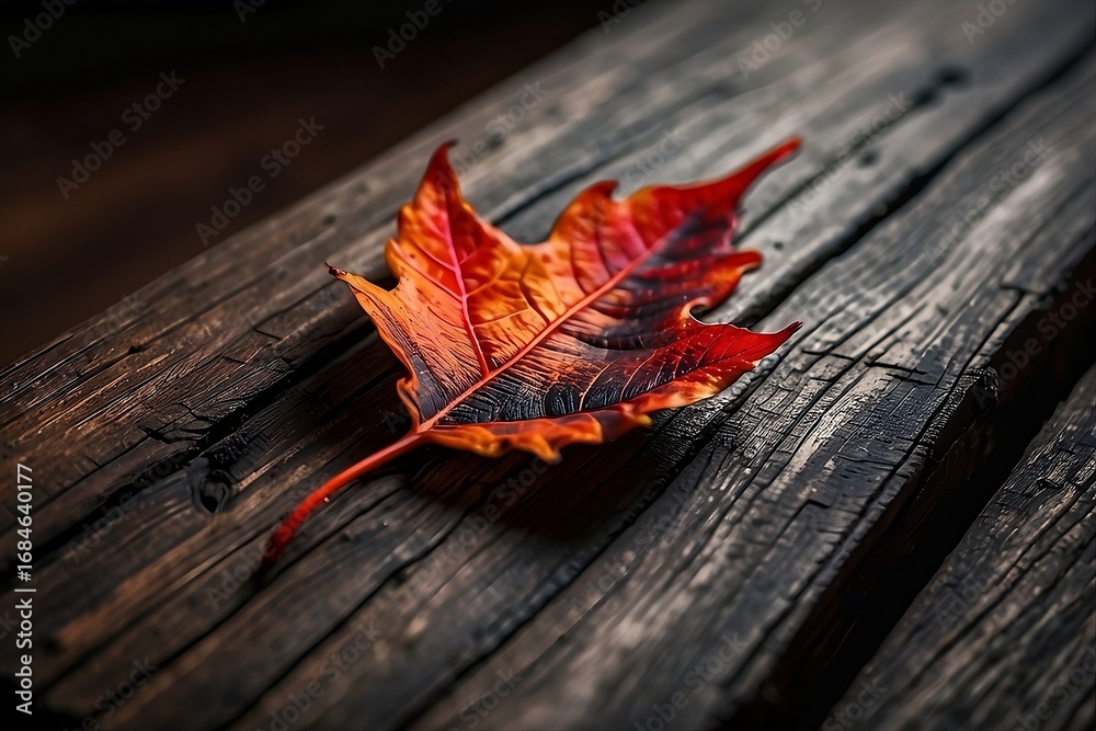Obraz premium Red Autumn Leaf on Rustic Wooden Surface