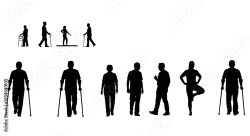 silhouettes of elderly people walking, using mobility aids, and standing