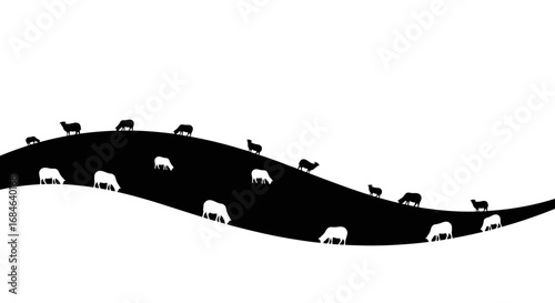 silhouette sheep on rolling hill, pastoral, farm, ranch, countryside, nature, scenic, idyllic, black and white, minimalist, elegant, simple, illustration