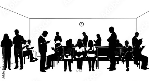 silhouettes of people waiting in a room, sitting and standing, some reading, others on phones, depicting patience and anticipation