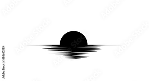 simple sunset silhouette black sun over water, minimalist ocean scene, graphic design element