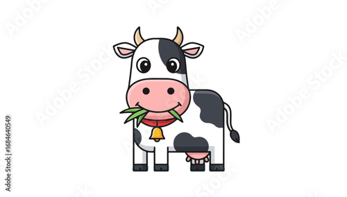 Cartoon cow happily eating grass with black and white spots.