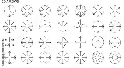 Collection of radial arrows pointing inwards and outwards in various configurations.