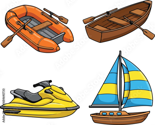 Cartoon Illustrations of Inflatable Boat, Rowboat, Jet Ski, and Sailboat for Marine Transportation Education

