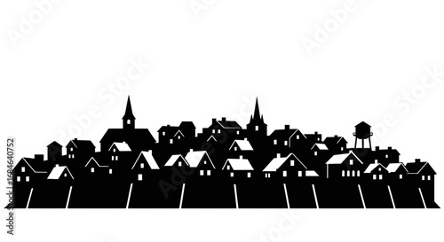 small town skyline silhouette, houses, church, water tower, black and white illustration