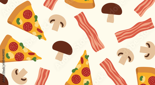 Delicious pizza slices, crispy bacon strips, and fresh mushrooms create a mouthwatering food pattern.