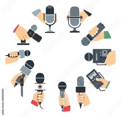 Diverse microphones held by hands in a circular arrangement.