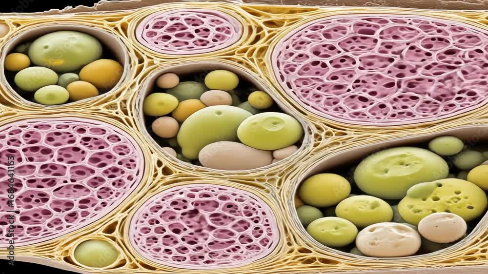 Microscopic view of a cross-section, revealing intricate layers and spherical particles of various shades of yellow, beige and pink
