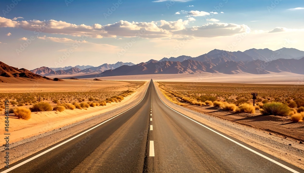 Fototapeta premium A vast, empty highway stretches into a breathtaking desert landscape under a vibrant, cloud-filled sky.