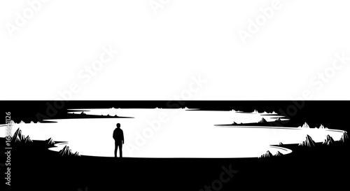 solitary figure by a lake, contemplative mood, black and white illustration, minimalist landscape
