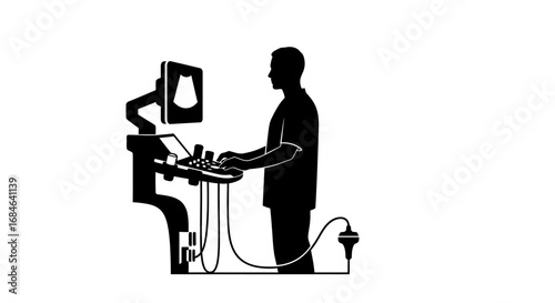 sonographer performing ultrasound scan, medical sonography, diagnostic imaging, healthcare, technology, patient care, medical equipment, black silhouette, hospital, clinic, doctor, technician