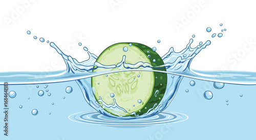 Refreshing cucumber slice splashing into cool water creating dynamic ripples and bubbles