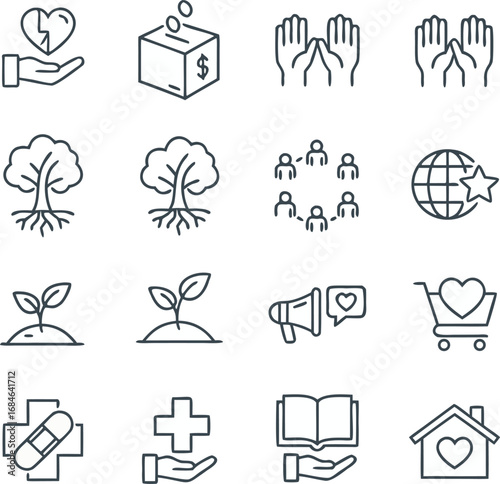 Compassionate icons represent charity, growth, community, and health for impactful social good campaigns