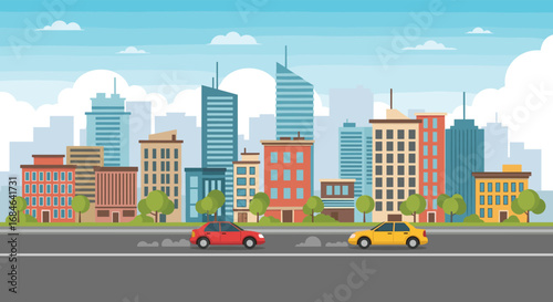 Vibrant city skyline with cars driving on road, modern buildings, and blue sky