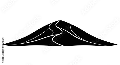 stylized black mountain peak, abstract hilltop illustration, nature icon, minimalist landscape design element, simple graphic, monochrome summit