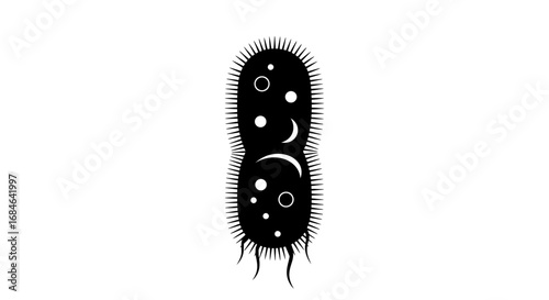 stylized microorganism illustration, black and white, microbiology, cell, bacteria, virus, science, graphic