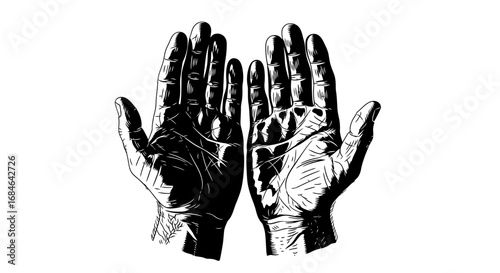 two hands raised in prayer, black ink drawing, hope, faith, religious symbolism, spiritual art