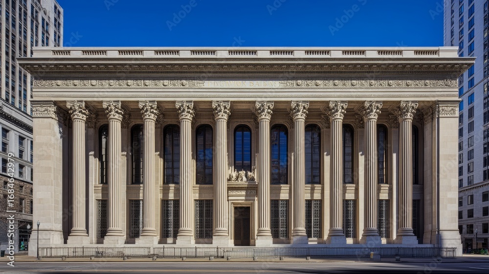 Fototapeta premium 4.Classical-styled grand bank building with an imposing front, featuring a row of massive pillars stretching across its length. The central doorway, flanked by sculpted reliefs, exudes an air of