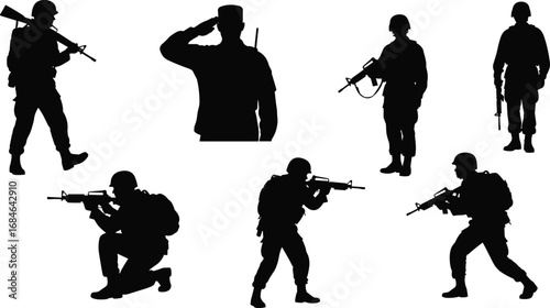 Set of Military Soldier Silhouettes with Weapons in Combat, Saluting, Standing, Aiming, and Tactical Army Action Poses Vector