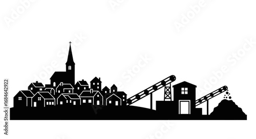 village landscape with industrial plant houses, church, and conveyor belts