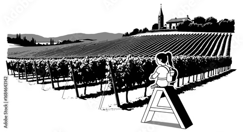 vineyard landscape, girl sitting on a wooden crate, church in the distance, black and white illustration