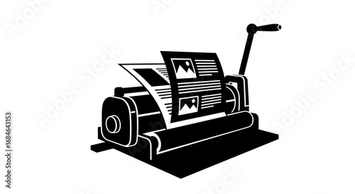 vintage printing machine, hand crank, newspaper production, image processing, publishing industry