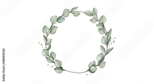 Watercolor Eucalyptus Wreath with Delicate Green Leaves and Subtle Brown Stems on White
