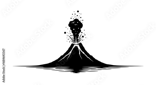 volcano eruption silhouette fiery mountain illustration, black and white design