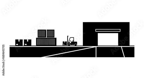 warehouse loading dock, forklift, cargo containers, boxes, logistics, shipping, delivery, transportation, industry, factory, commerce