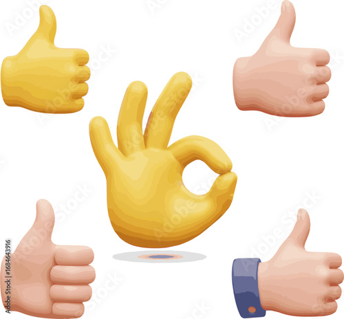Create a kinds of deferent Like Thumbs Up 3d hand gesture emoji. Cartoon cute OK, thumb up sign. Good positive feedback, success and approval emoticon for social media. Vector realistic  Vector art.