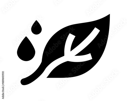 Black and white icon of a leaf with water droplets