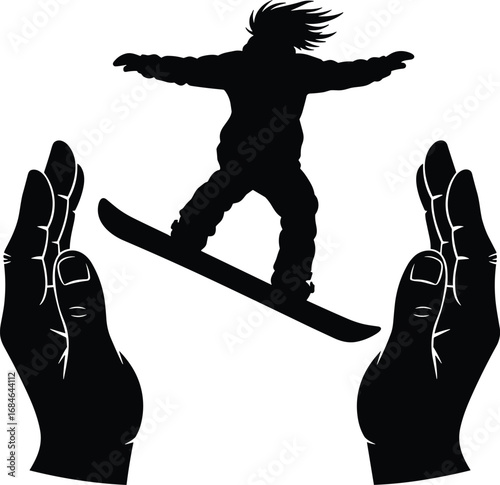 "Snowboarder Silhouette in Mid-Air Above Protective Hands – Symbolic Vector of Support, Motion, Adventure, and Extreme Sports Concept Art"