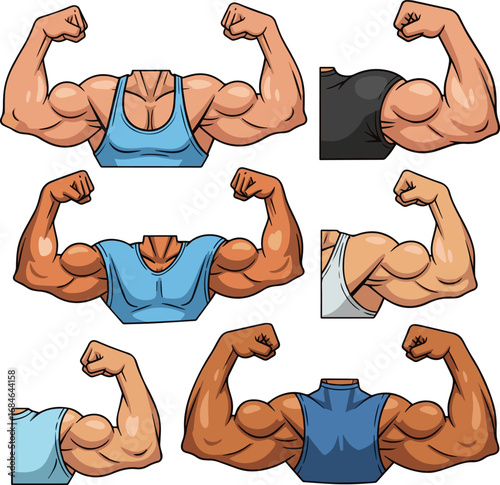 Create a kinds of deferent Muscle arm strong biceps. Flexed muscular bodybuilder male hand with big biceps. Powerful energetic strength, fitness, masculinity. Fitness, gym workout concept. vector art.
