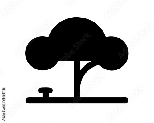 Simple black silhouette of a tree and bench icon