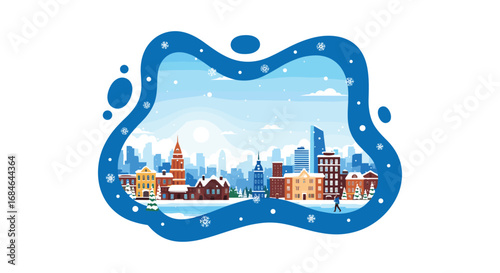 Charming winter cityscape with gentle snowfall and a lone figure enjoying the season
