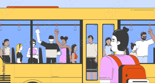 Waiting for bus happy doodle cartoon illustration. Crowded public transport. Male commuter with backpack watching boarding bus 2D flat characters. Doodleart hand-drawn drawing colorful background