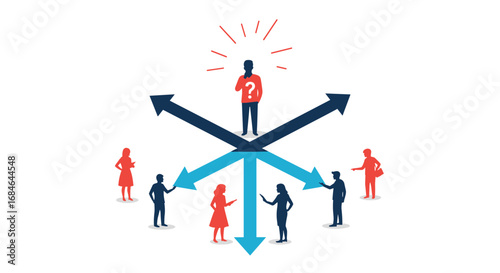 Business leader contemplates diverging paths, teams await direction for strategic decision-making.