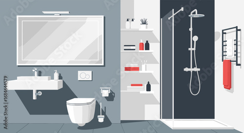 Modern bathroom design featuring sleek fixtures and a refreshing shower, perfect for home decor inspiration.