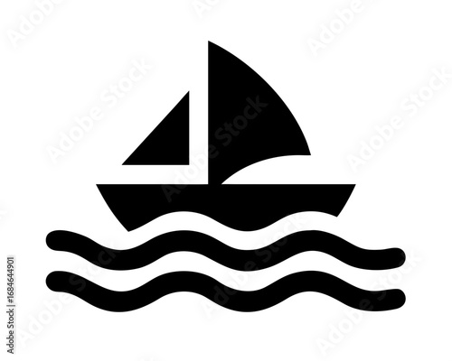 Sailing Boat Icon: A minimalist black sailing boat navigates across serene blue waves, embodying adventure and the open sea.