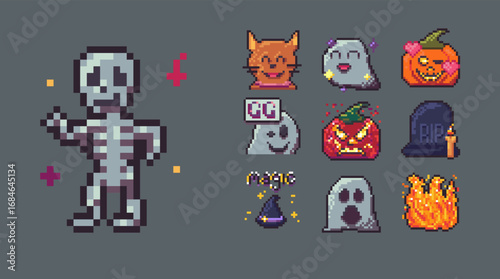 Pixel art halloween icon for game. Ghost, pumpkin, cat, skeleton and hat in retro 8bit style. Creepy monster with spooky expression. Evil tomb and candle assets for chat emoticon and holiday fun