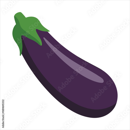 Single Purple Eggplant with Green Stem and Leaves on White Background aubergine vegetable