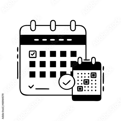 Calendar with checkmark and smartphone displaying qr code icon