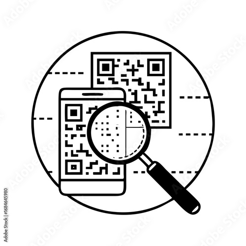 Magnifying glass over smartphone and qr code with dashed lines indicating data transfer icon