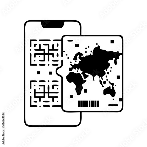 Smartphone with qr codes next to a world map with barcode icon