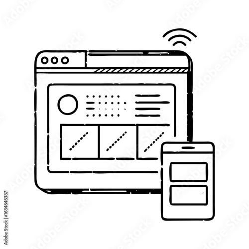 Hand drawn illustration of a website interface on a computer screen and a mobile phone icon
