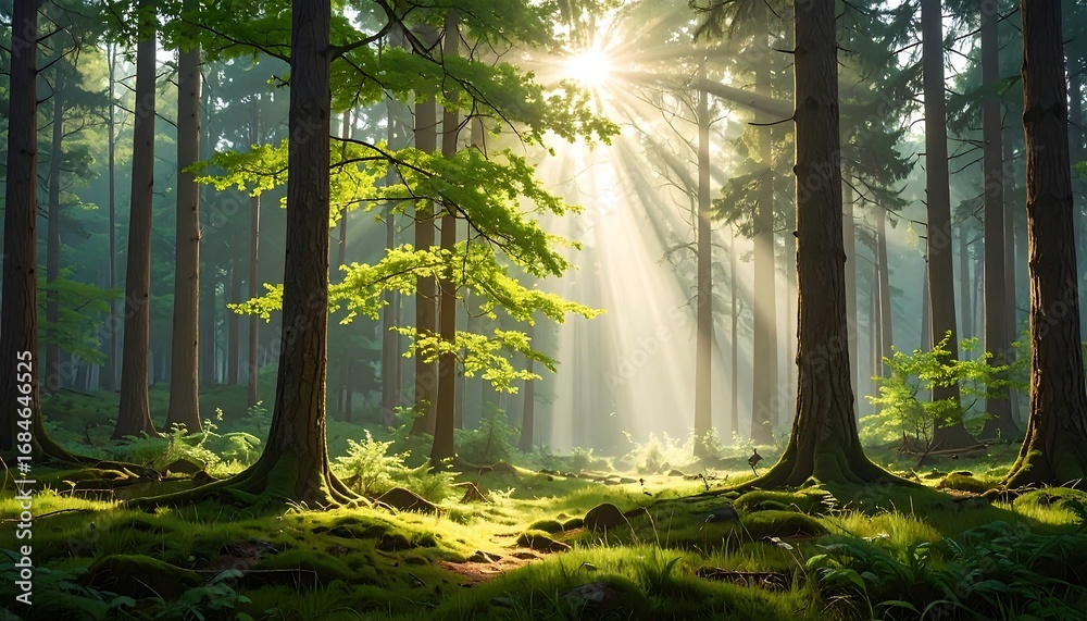 Obraz premium Sunbeams pierce a misty forest