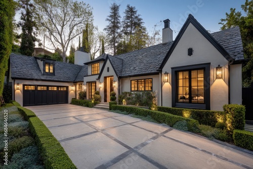 Elegant Craftsman-style home with paved driveway and landscaped gardens