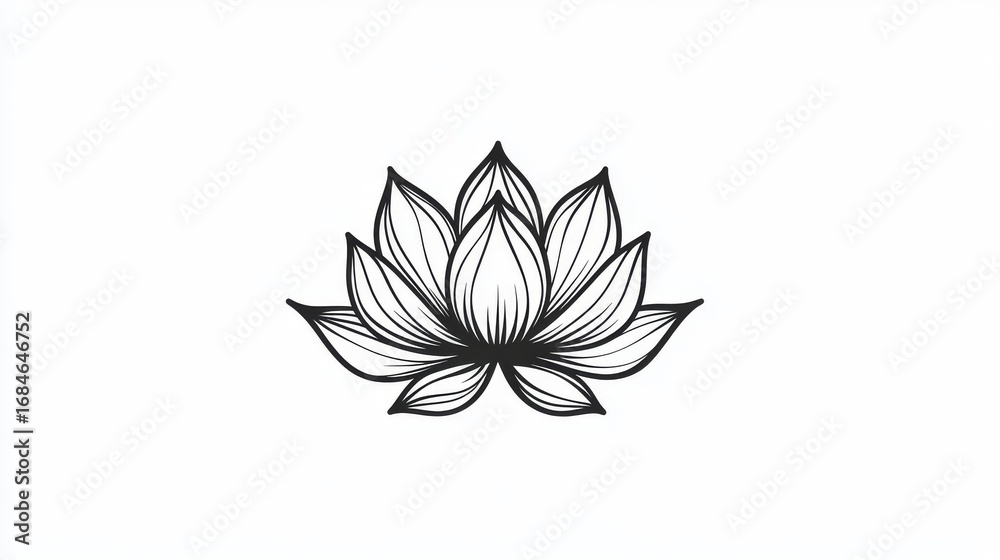Fototapeta premium 18.A modern lotus flower symbol, drawn with soft, curved strokes in a monochrome black palette. The symmetrical arrangement of petals evokes balance and peace, making it an excellent choice for