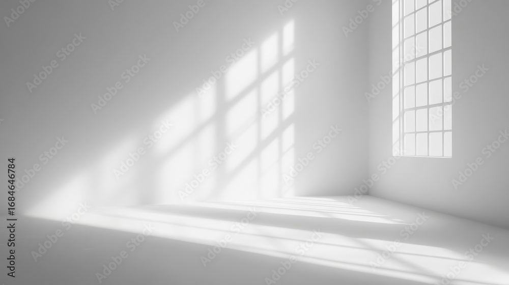 Fototapeta premium 69.A modern, minimalist scene featuring a white wall bathed in soft daylight, with crisp windowpane shadows adding a layered, architectural touch. The scene feels peaceful and refined, with an